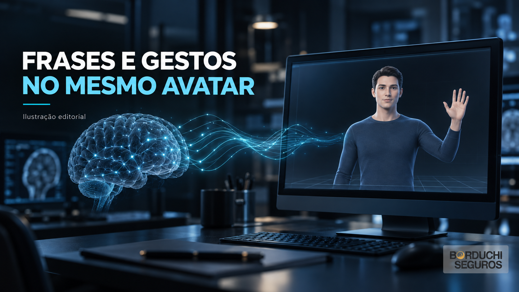 Ilustração editorial gerada com IA: personagem virtual acenando em uma tela, sinais gráficos conceituais e a marca Borduchi Seguros. Não representa participantes nem resultados visuais reais do estudo.