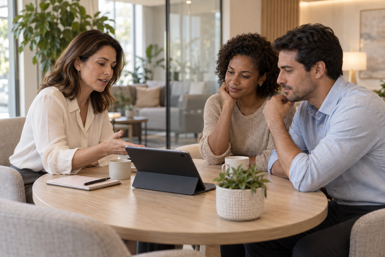 Imagem ilustrativa de uma consultora conversando com um casal