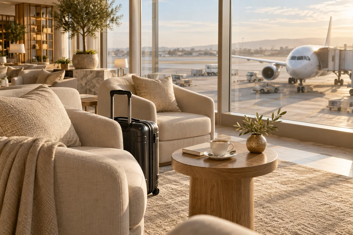 Poltronas confortáveis em um lounge de aeroporto, cena ilustrativa