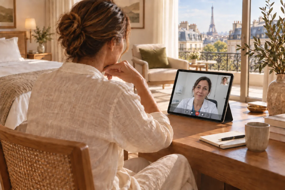 Viajante em uma teleconsulta no hotel, cena ilustrativa